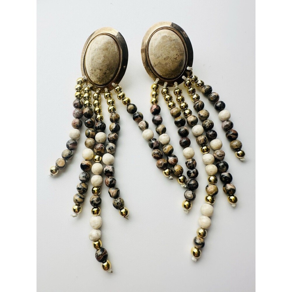 Vintage Jasper Bead Tassel Fringe Earrings